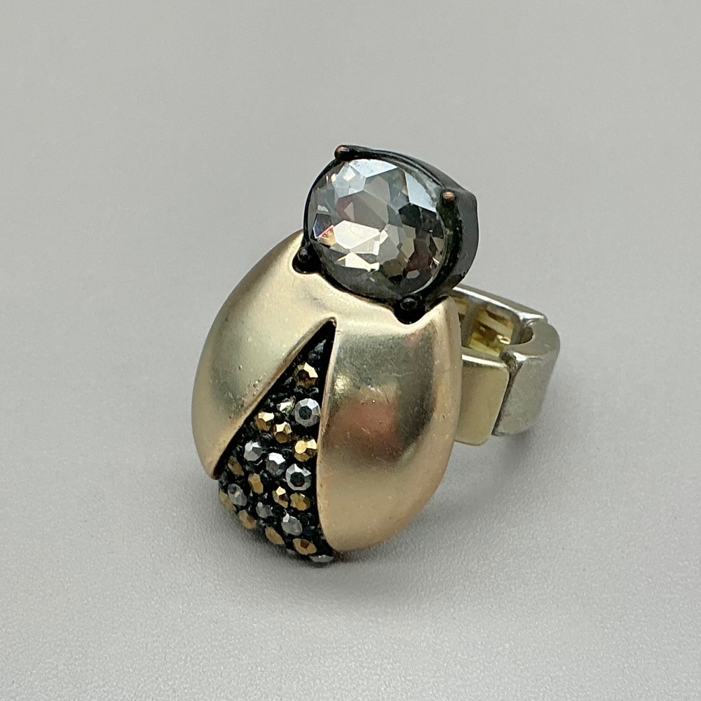 Chico's Stretch Ring Ladybug Black Crystal Gold Tone Statement Adjustable